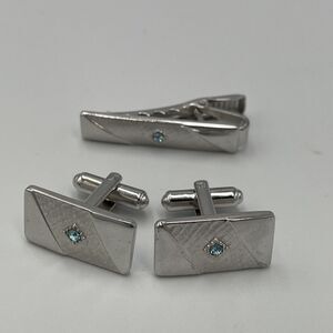 Sarah Coventry Silver Tone Men's Cuff Link & Tie Clip Set Aqua/Light Blue Stone